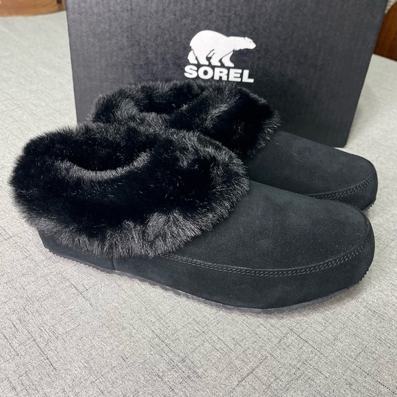 Sorel Go Coffee Run Slippers Black Suede Leather Fur Slip On Shoes NWT - Picture 10 of 16